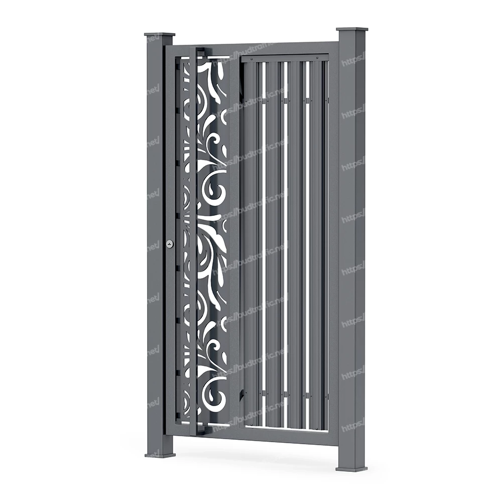 Хвіртка з металевих штахет з декоративною вставкою