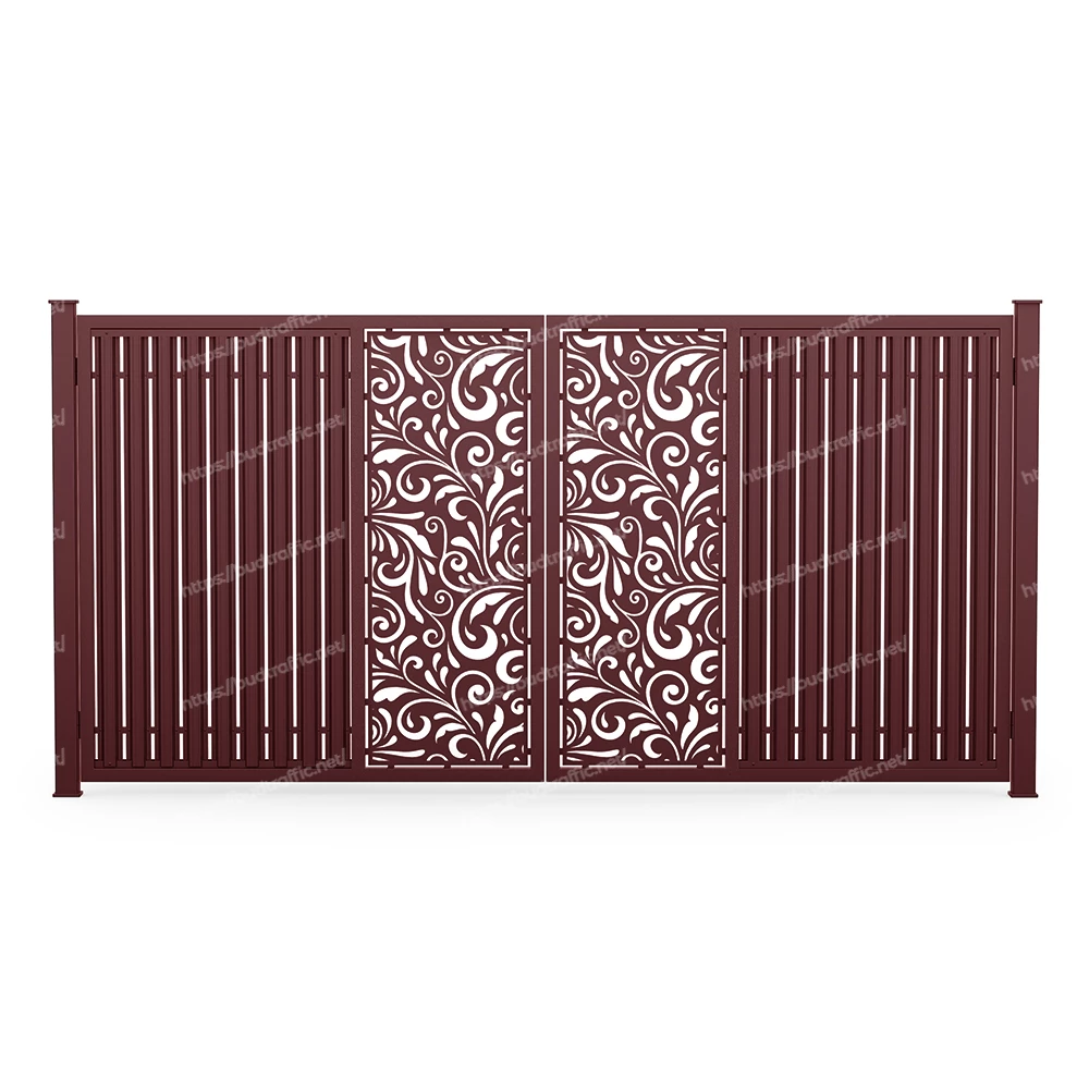 Розпашні ворота з євроштахетника з декоративною вставкою