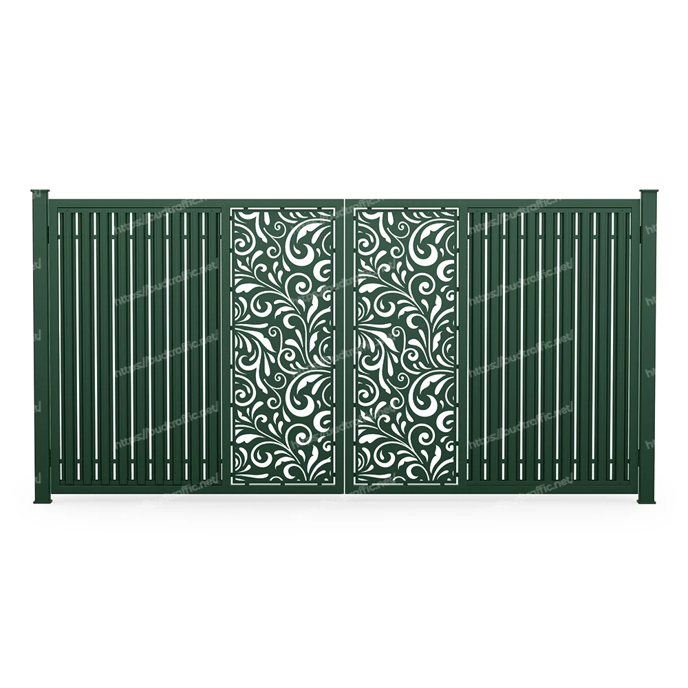 Розпашні ворота з євроштахетника з декоративною вставкою