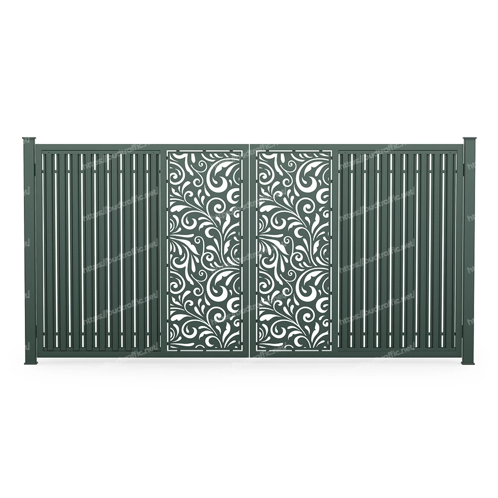 Розпашні ворота з євроштахетника з декоративною вставкою