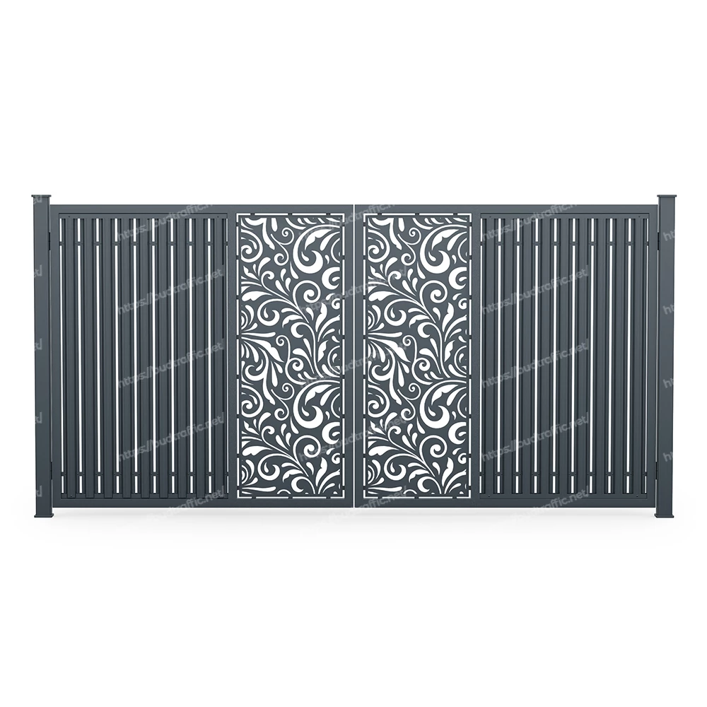 Розпашні ворота з євроштахетника з декоративною вставкою