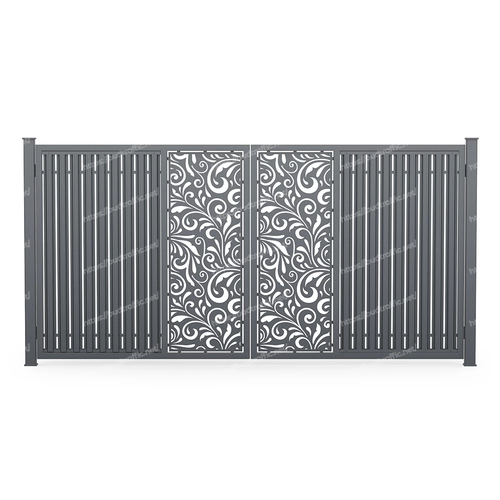 Розпашні ворота з євроштахетника з декоративною вставкою