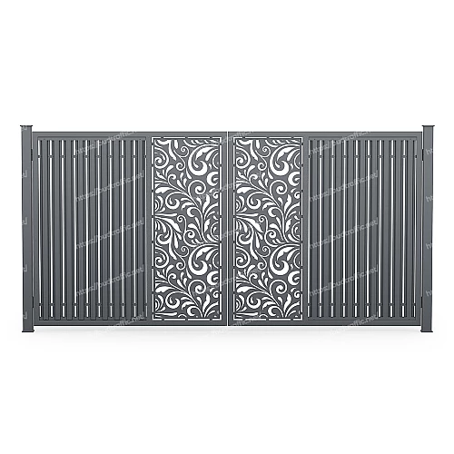 Розпашні ворота з євроштахетника з декоративною вставкою