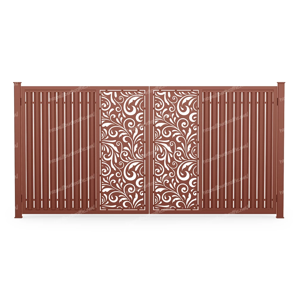 Розпашні ворота з євроштахетника з декоративною вставкою