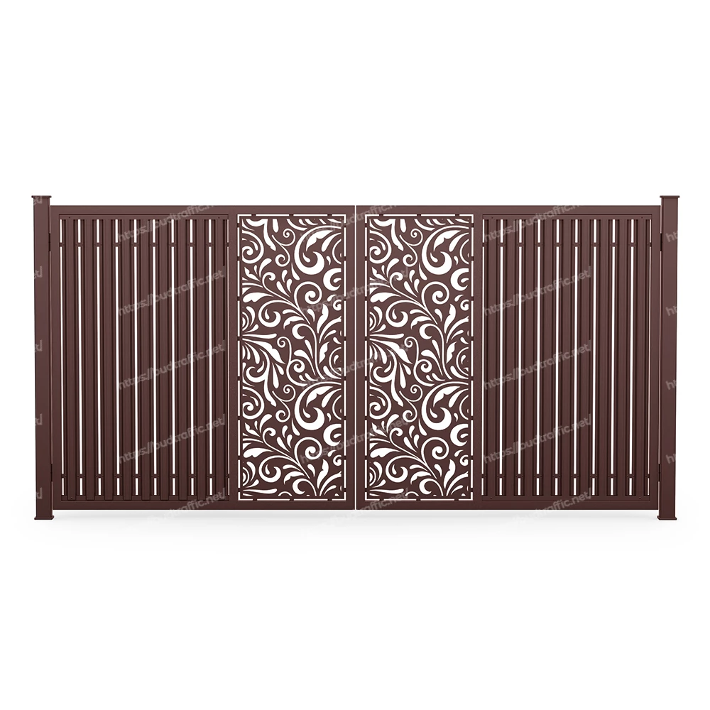 Розпашні ворота з євроштахетника з декоративною вставкою