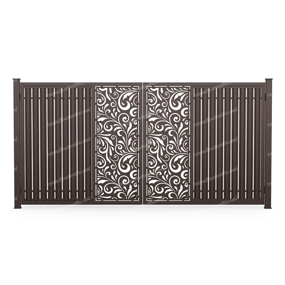 Розпашні ворота з євроштахетника з декоративною вставкою