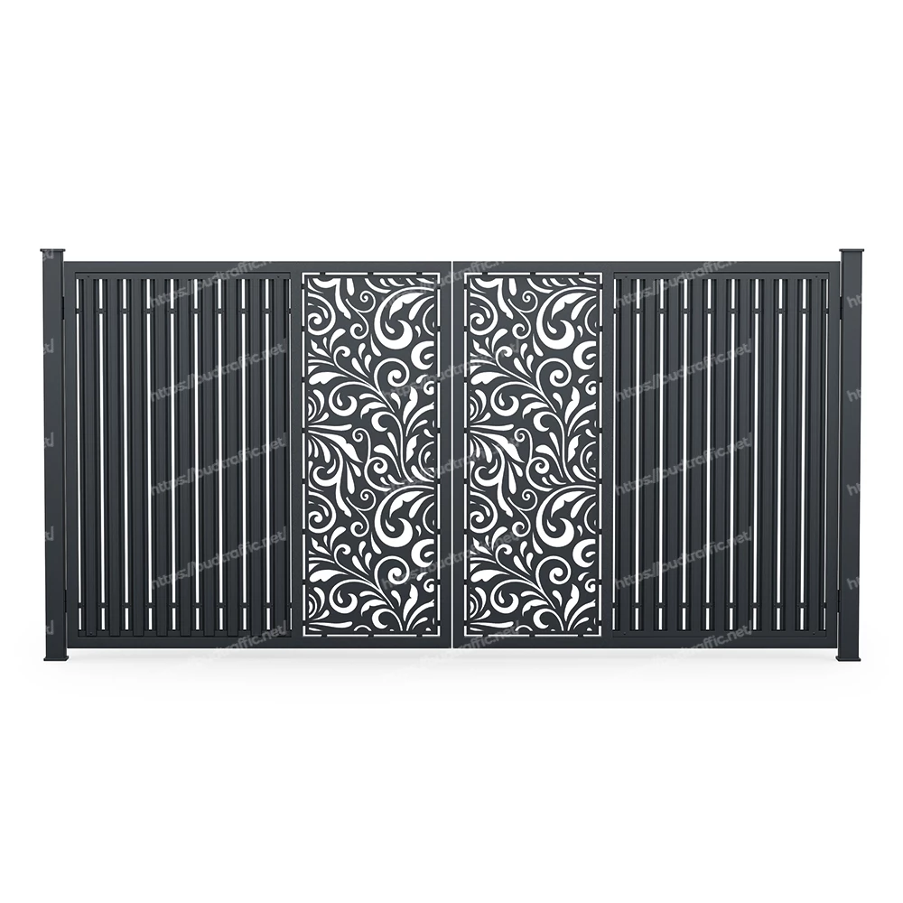 Розпашні ворота з євроштахетника з декоративною вставкою