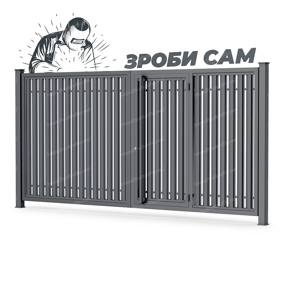 Комплект для розпашних воріт з хвірткою всередині з євроштахетника (Зроби сам)