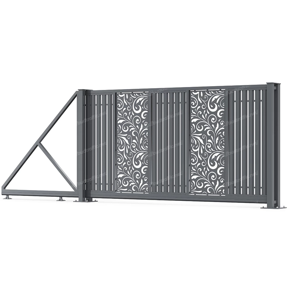 Відкатні ворота з євроштахетника з декоративною вставкою