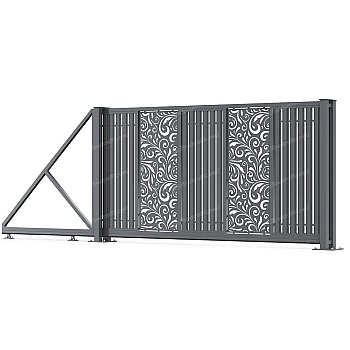 Відкатні ворота з євроштахетника з декоративною вставкою