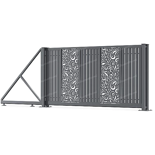 Відкатні ворота з євроштахетника з декоративною вставкою