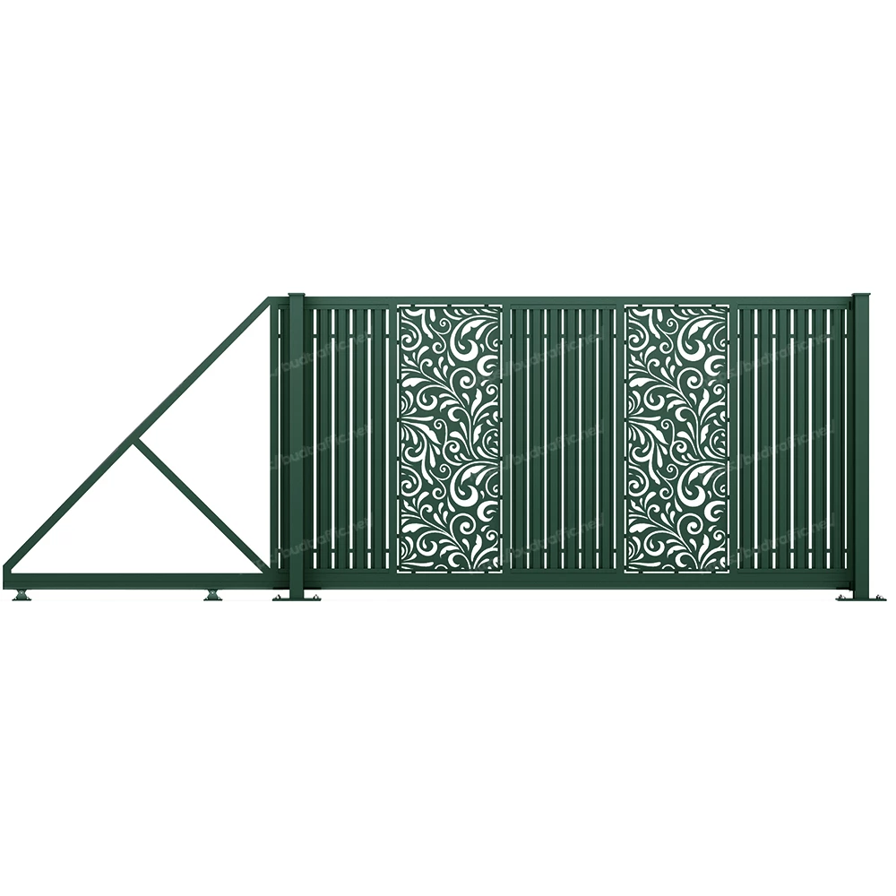 Відкатні ворота з євроштахетника з декоративною вставкою