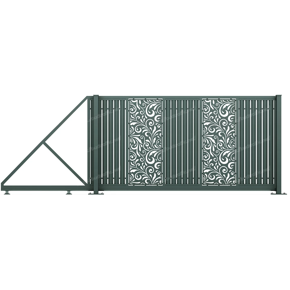 Відкатні ворота з євроштахетника з декоративною вставкою