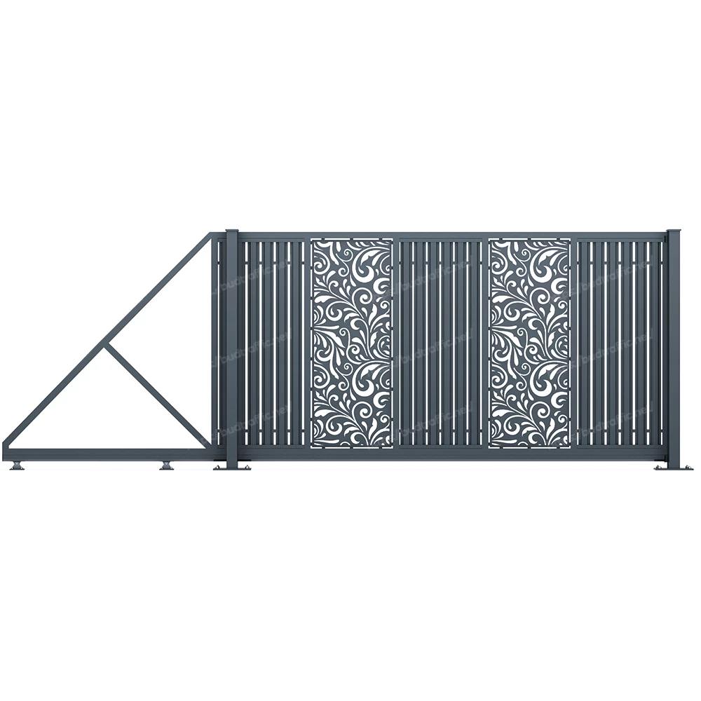 Відкатні ворота з євроштахетника з декоративною вставкою