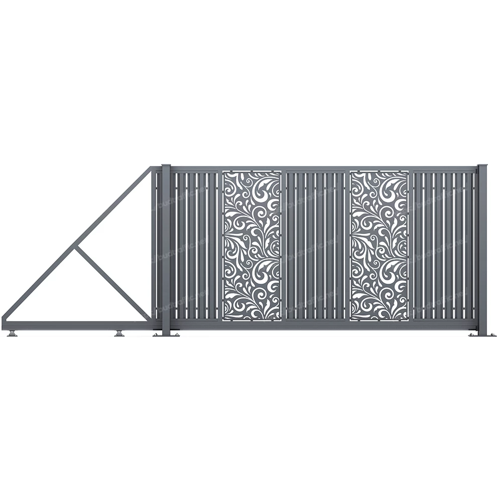 Відкатні ворота з євроштахетника з декоративною вставкою