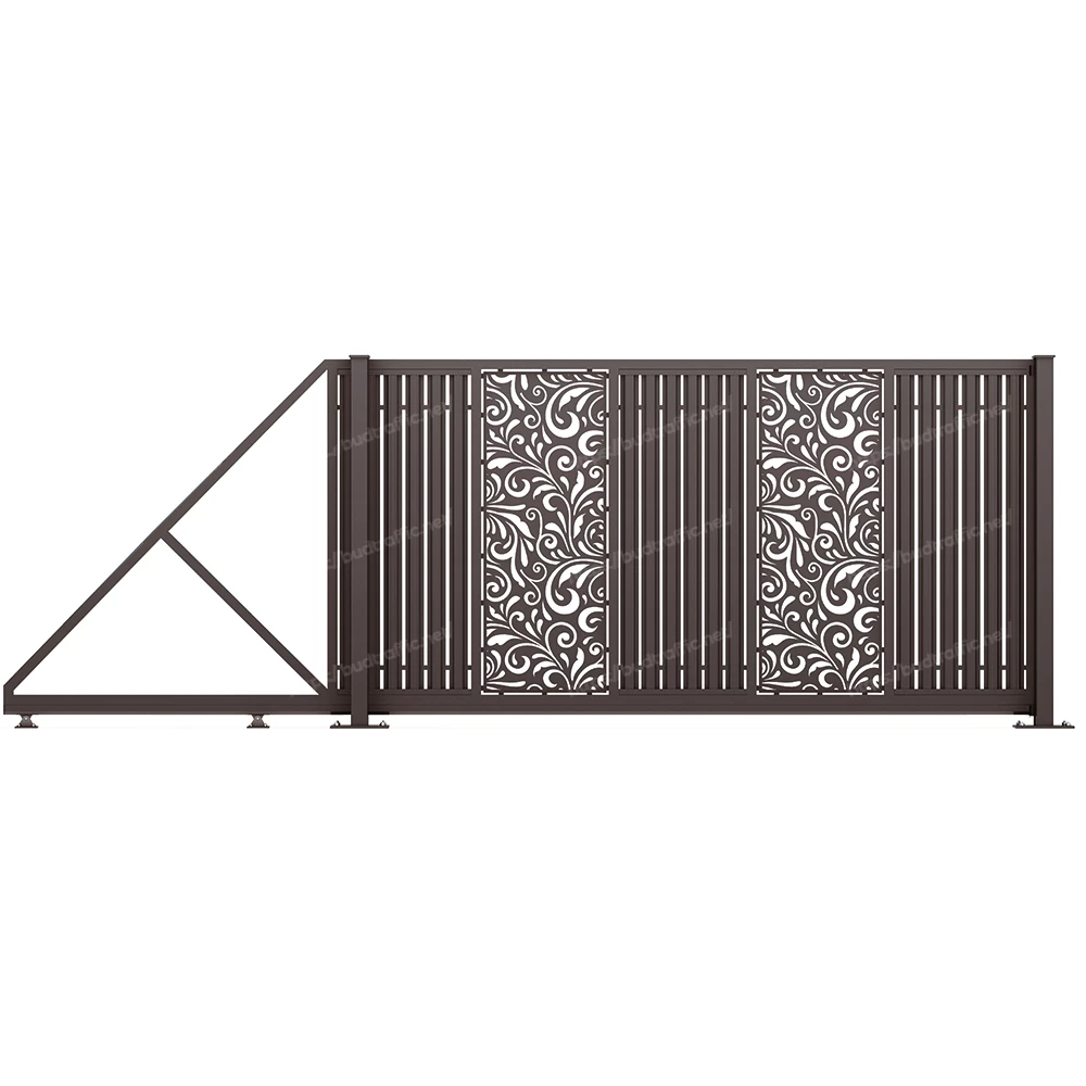 Відкатні ворота з євроштахетника з декоративною вставкою