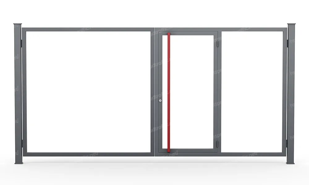 Розпашні ворота з хвірткою всередині з євроштахетника Розпашні ворота з хвірткою всередині з євроштахетника