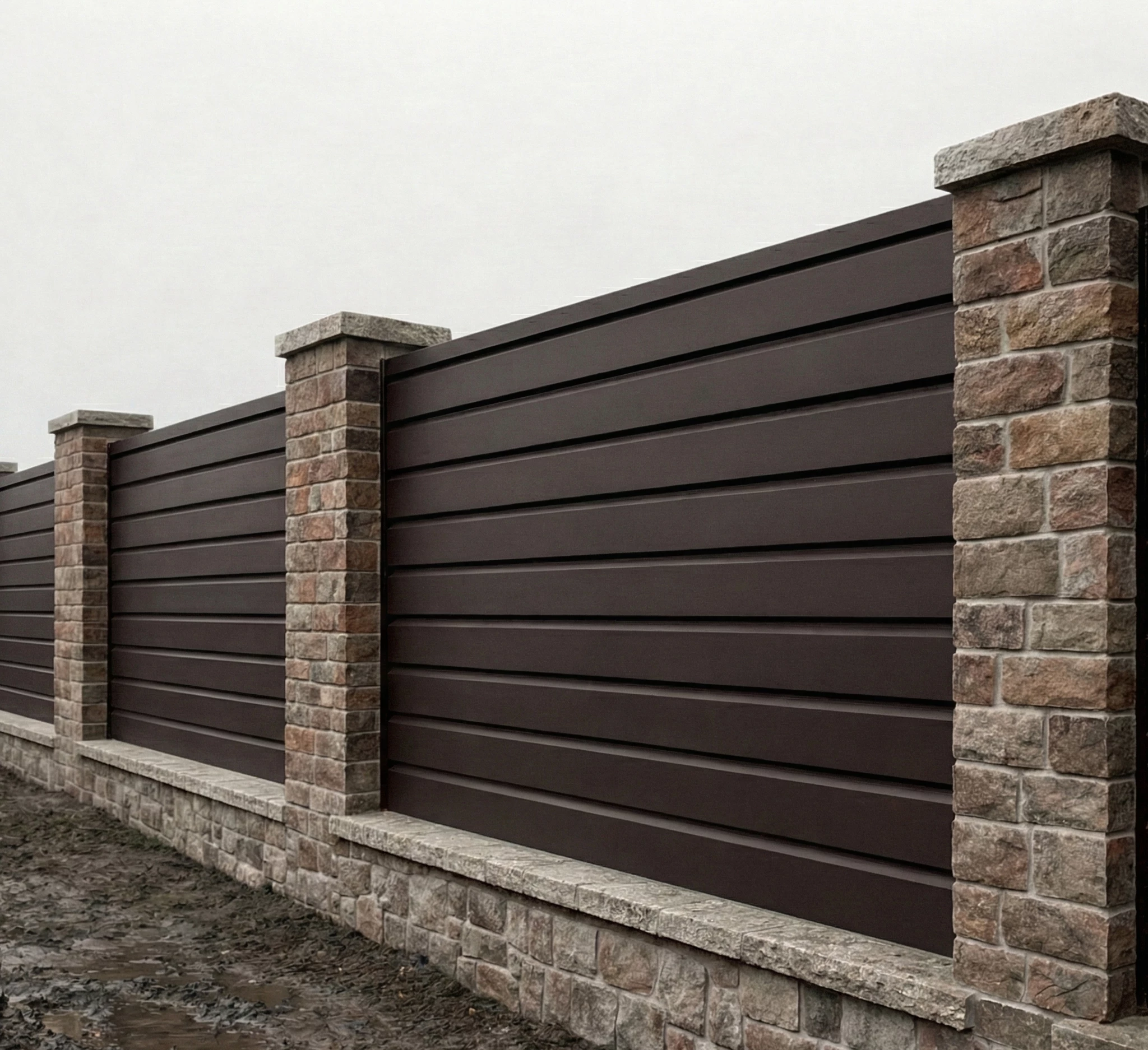 Металевий паркан з широкою ламеллю підвищеної жорсткості — темно-коричневий матовий колір (RAL 8019), сучасна огорожа від виробника Budtraffic